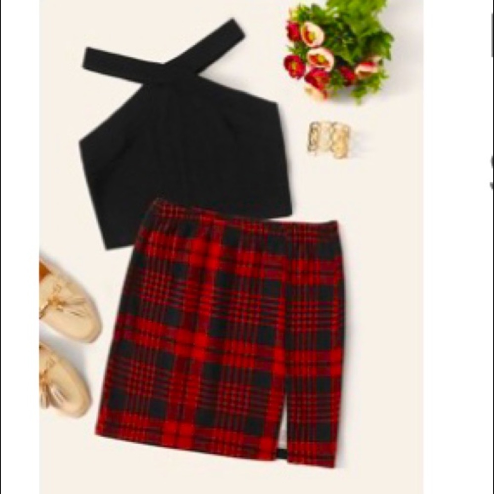 Halter Top & Split Hem Plaid Skirt Set